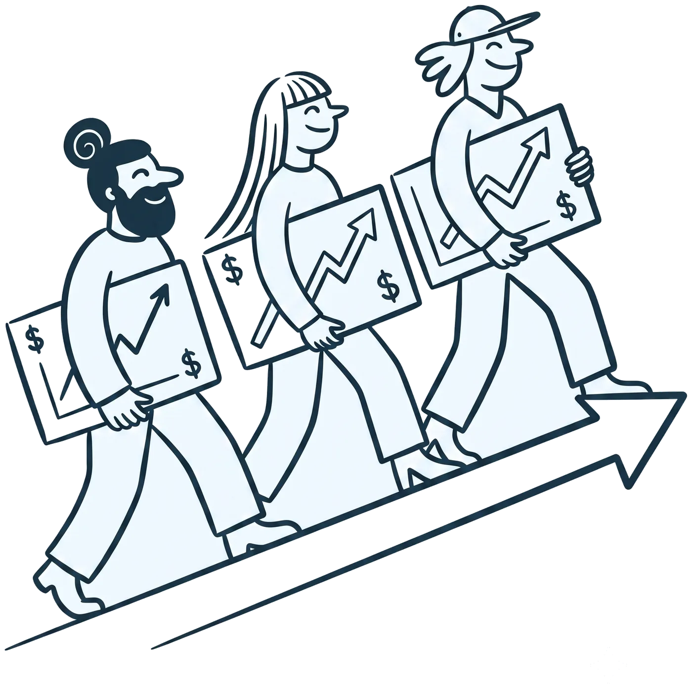 Three people carrying rising salary charts up a big upward arrow